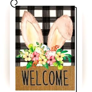 Easter Spring Bunny Rabbit Floral Ears Black Plaid Burlap Welcome Garden Flag